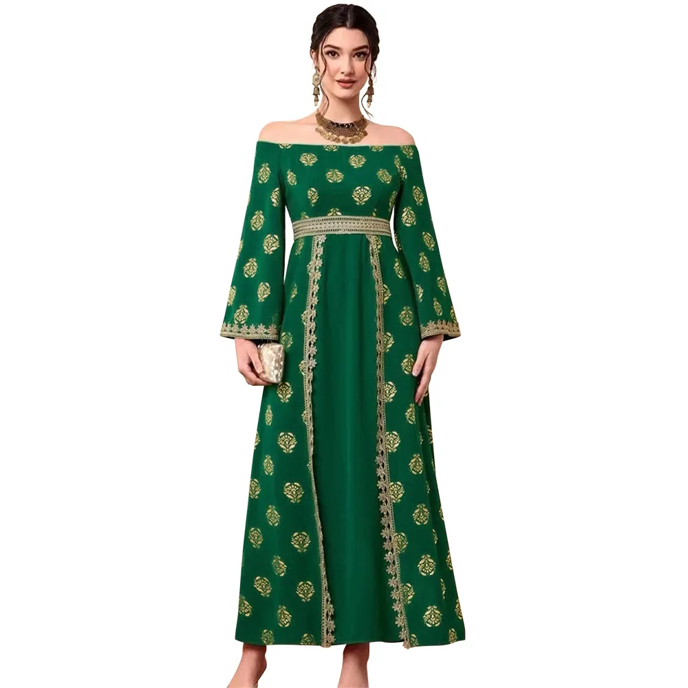 Morocco Kaftan Dubai Turkey Muslim Women Print Long Maxi Party Dress Bronzed boat Robe Eid Ramadan Islam neck long dress