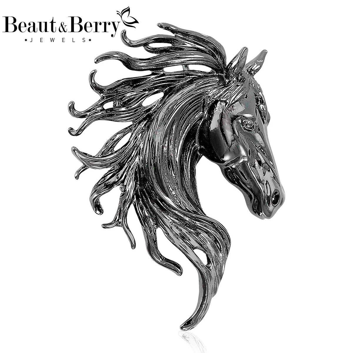 Beaut&Berry Luxury Glossy Horse Head Brooches for Women Zodiac Animal Pins Casual Party Accessories New Year Gifts Friends
