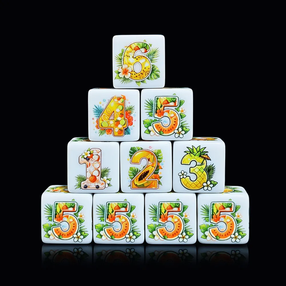 12Pcs 16MM D6 Printed Dice White 6-Sided Tropical Fruit Pineapple Watermelon Orange Print DND RPG Tabletop Game Summer Party