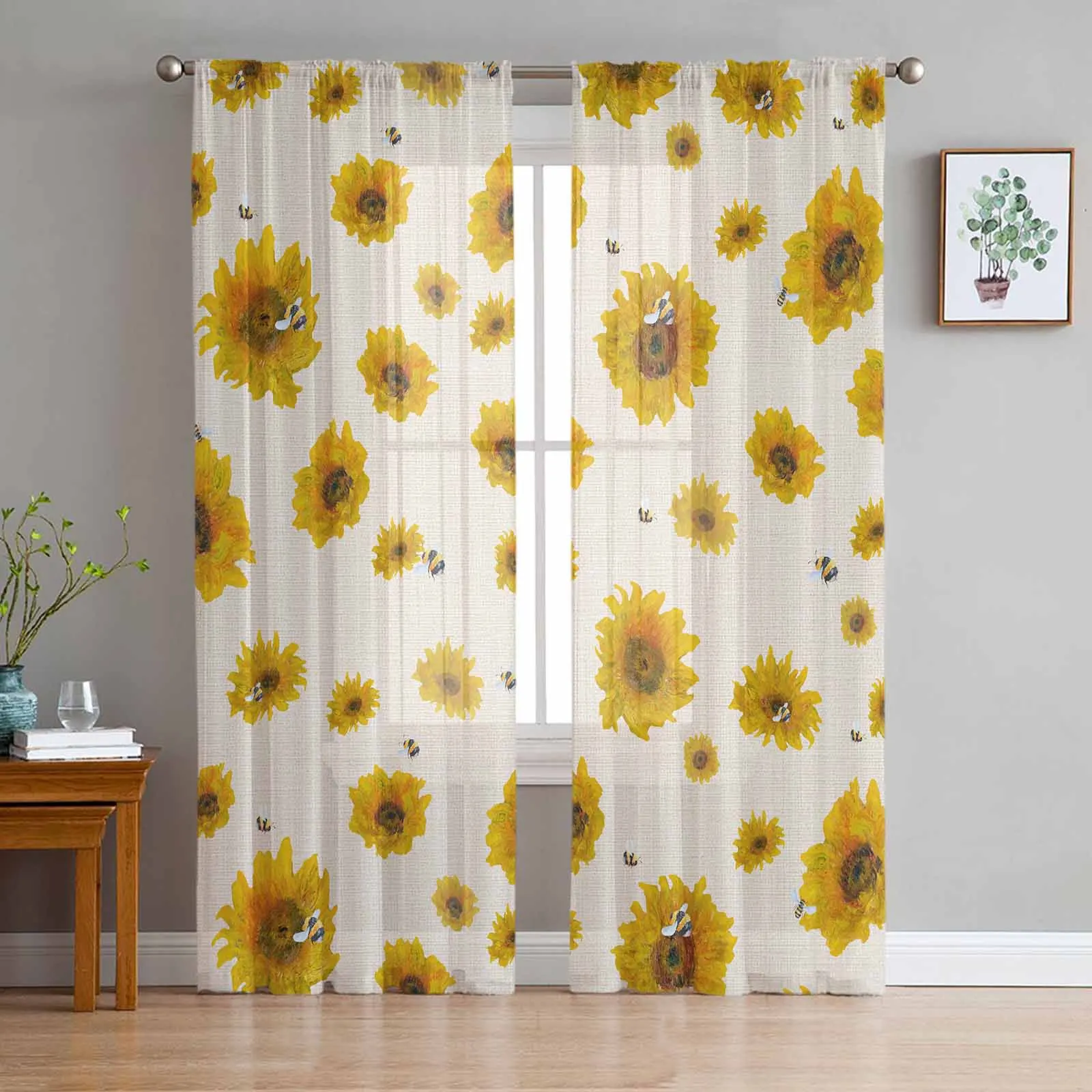 Sunflower Bee Oil Painting Sheer Tulle Curtains for Living Room Valance Curtains Kitchen Bedroom Window Voile Drapery