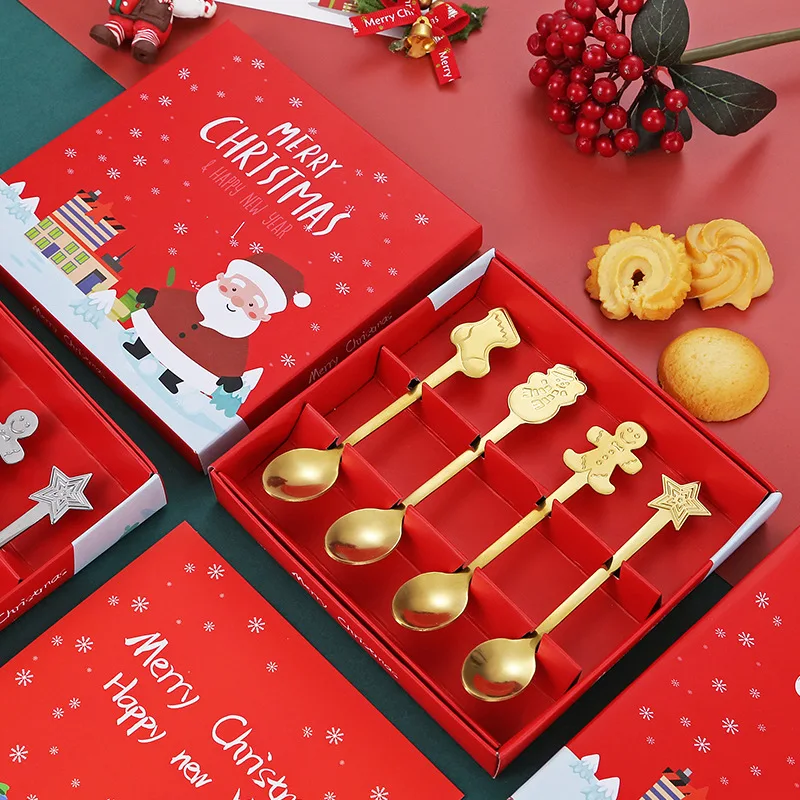 4pcs/set/1pc Home Stainless Xmas Coffee Spoons Dessert Spoon Tableware Kitchen Accessories New Year Gifts Christmas Decorations