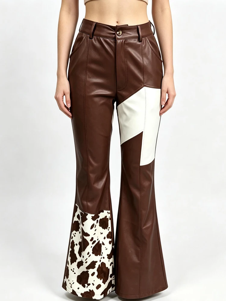 Women's Vintage Western Cow Print Faux Leather Bell Bottom Pants High Waist  Color Block Patchwork Flare Trousers Y2K Streetwear