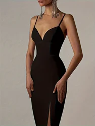 Women's Fashion Spring Summer Sexy Elegant Black Midi Suspender Split Bodycon Bandage Dress Party Cocktail Evening Dress Clothes