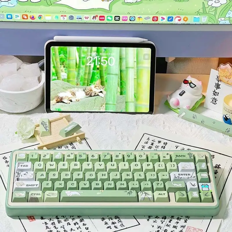 Cat theme keycap cute cartoon green original height PBT sublimation mechanical keyboard hi75 vgn