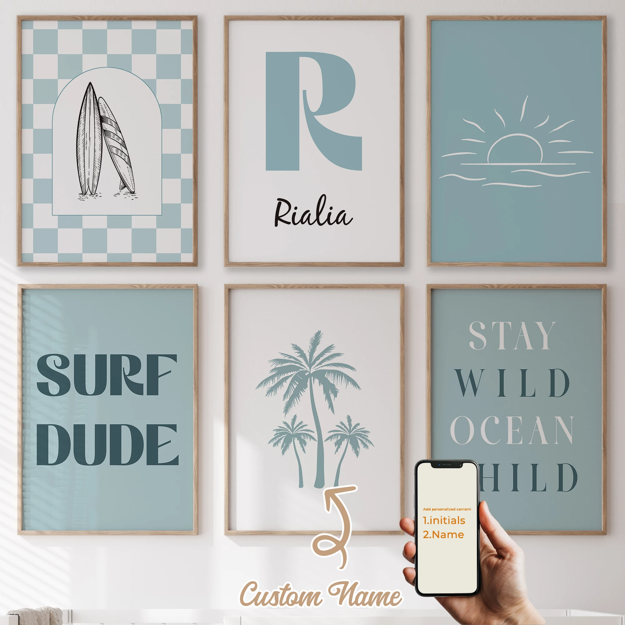 

3Pcs/6pcs Personalized Custom Name Cute Cartoon Beach Wall Art Print Picture For Living Room Kids Boy Room Home Decor Gift