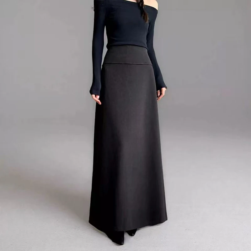 

Юбка миди из искусственной шерсти для женщин, весенняя, с завышенной талией, офисная, А-силуэт, в стиле Y2K, женская, корейская, пэчворк, универсальная, черная