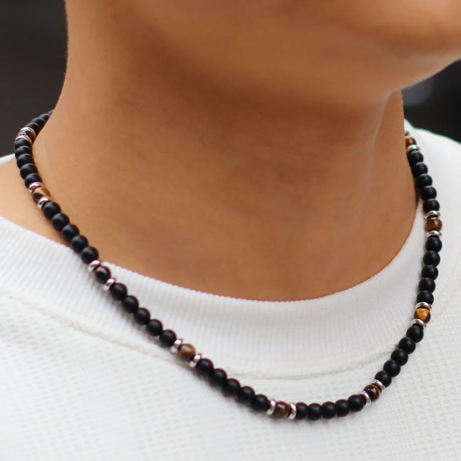 New Men Natural Stone Necklace 19 Inches Stainless Steel Buckle 6mm Onyx Tiger Eyes Lava Beads Short Collar Casual Accessories