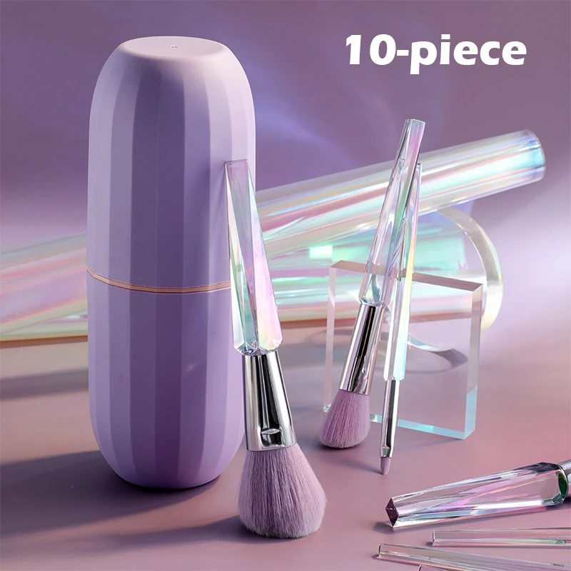 New 10-piece Transparent Makeup Brush Set, Purple Pvc Bucket, Dazzling Brush Handle, Diamond Crystal