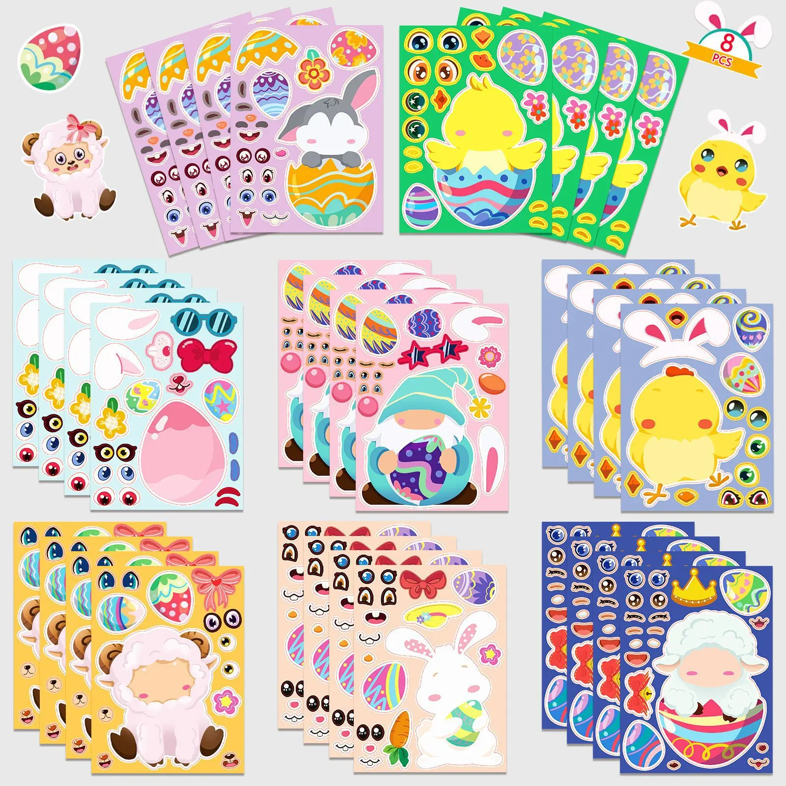 

8Sheets Cute Easter Animal Scrapbooking Stickers Pack Bunny Chick Sheep Egg Puzzle Stickers Creative Interaction Cartoon Series