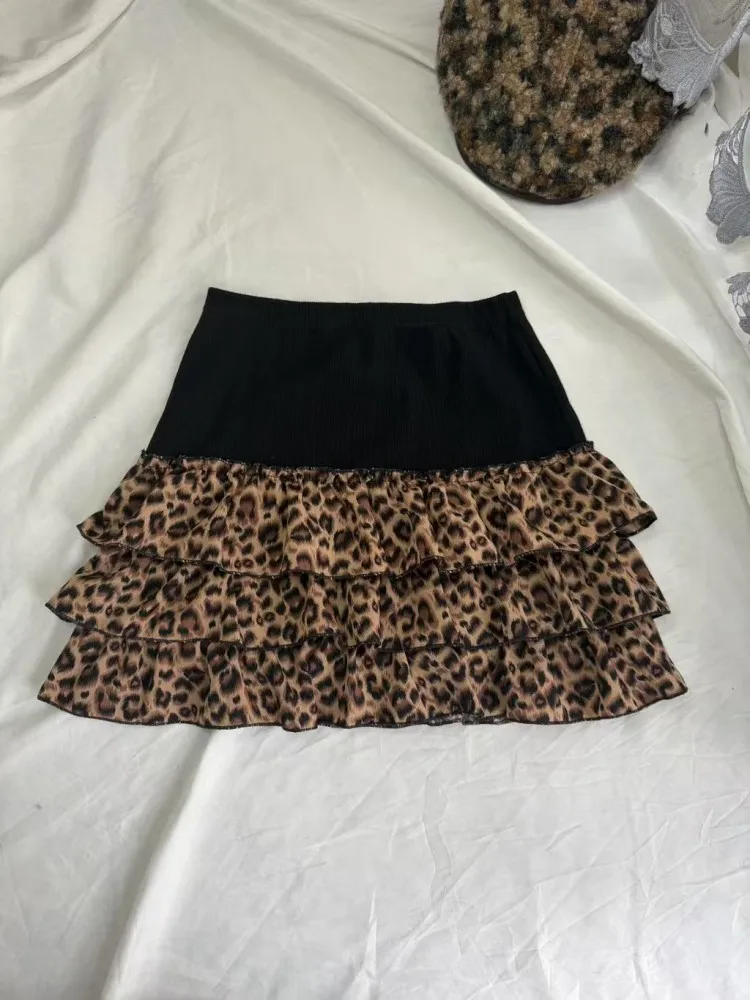 High Waist Short Skirt Splicing Y2K Millennium Puffy Cake Half Body Leopard Print Subculture Slimming A-Line Skirt
