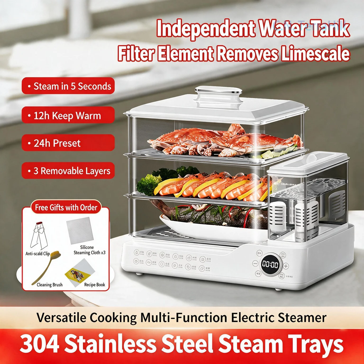 Electric Food Steamer Multi-Layer 3-Tier Foldable Steam Cooker with Detachable Separate Water Tank for Home Kitchen Auto Shut