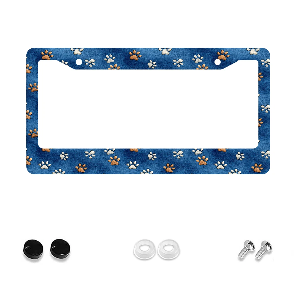 

1pc Blue Paw Print Pattern 2-Hole License Plate Frame Aluminum Material 6x12 Inches with Screw Set Cartoon Fun Car Decoration G