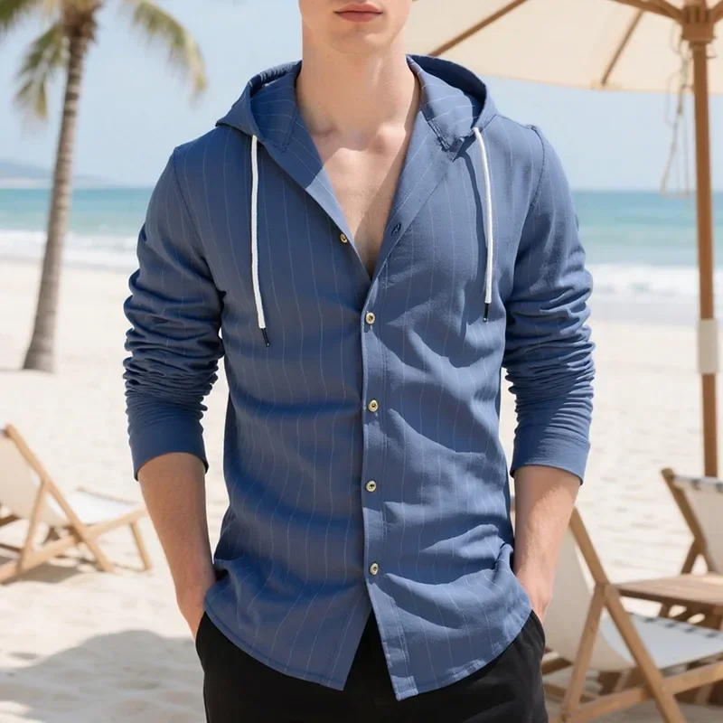 

Льняной кардиган на шнурке, модная свободная пляжная футболка, мужская повседневная рубашка в вертикальную полоску с длинными рукавами и капюшоном