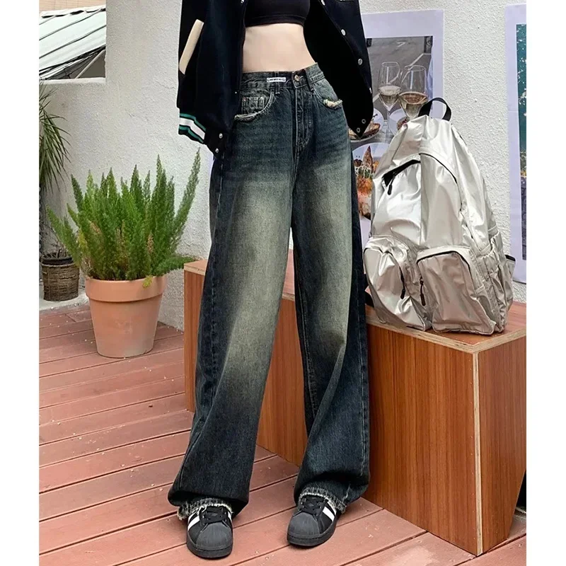 

Female Loose Straight Harajuku Denim Pants 2025 New Spring Woman Fashion High Street Jeans Girls Classic Wide Leg Denim Trousers
