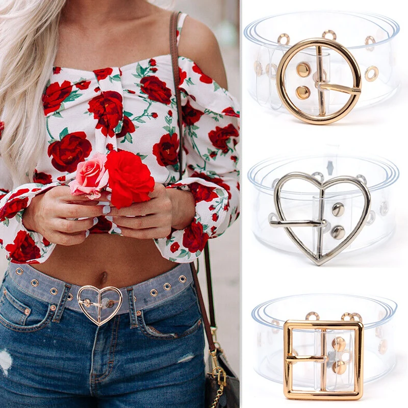 

Women Gothic Transparent Invisible Waistband Clear Y2K Square Heart Pin Buckle Wide Waist Strap Ladies Punk Waist Belt New