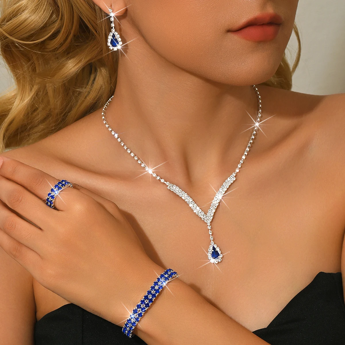 Cross Border New Sparkling Diamond Droplet Necklace Earrings Bracelet Ring Women's Multi-Color Wedding Jewelry Set