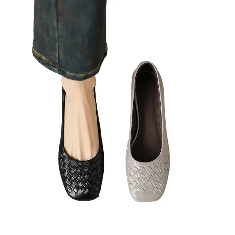 3cm Soft Leather French Woven Shallow Single Shoes Pointed Toe Bean Shoes Soft Bottom Comfort Thick Women's Commuter Mother's