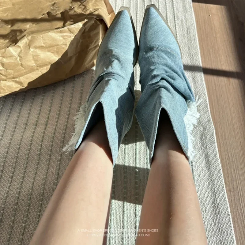 Pointed Toe Denim Women Western Cowboy Boots Fashion Slip On Short Booties Retro Style Autumn Winter Female Shoes