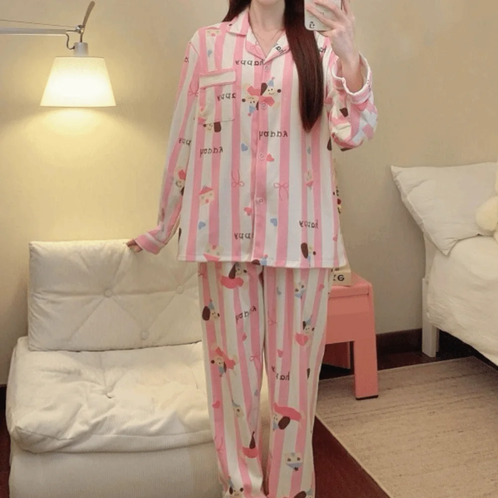 

Comfortable Flip Collar Stripe Pajamas Set Penguin Dog Sweet Pajamas Suit Casual Loose Long Sleeves Pajamas Home