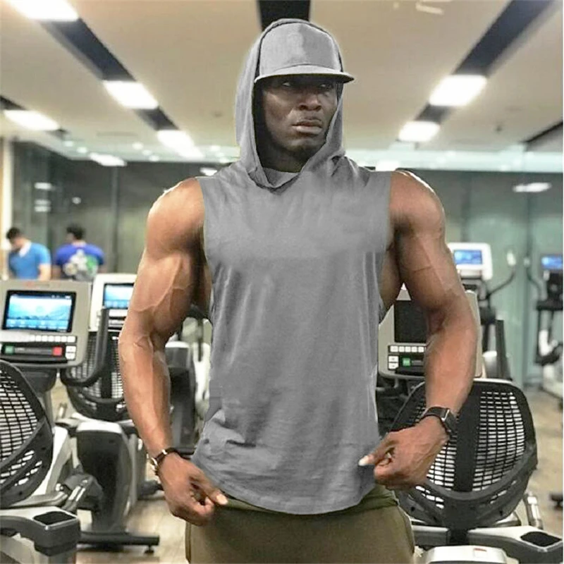 Bodybuilding Stringer Hoodies Gym Sleeveless Hooded Fitness Tank Tops Mens Running Sport Clothing Cotton Breathable Cool Shirt