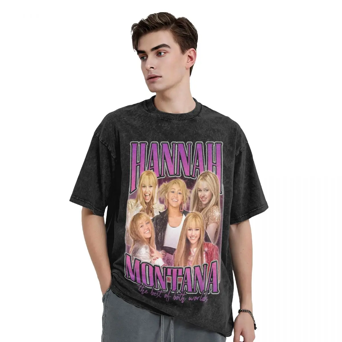 Washed T Shirt Hannah Montana Miley Cyrus Singer Hip Hop Fashion T-Shirt Street Streetwear Cotton Tops Tops Tees for Men Women