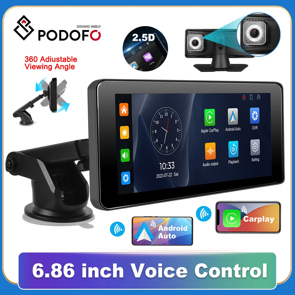 

Podofo 6.86'' Dash Cam Rearview Camera Carplay Android Auto Car DVR Navigation Recorder Dashboard Car Mirror 24H Park AUX