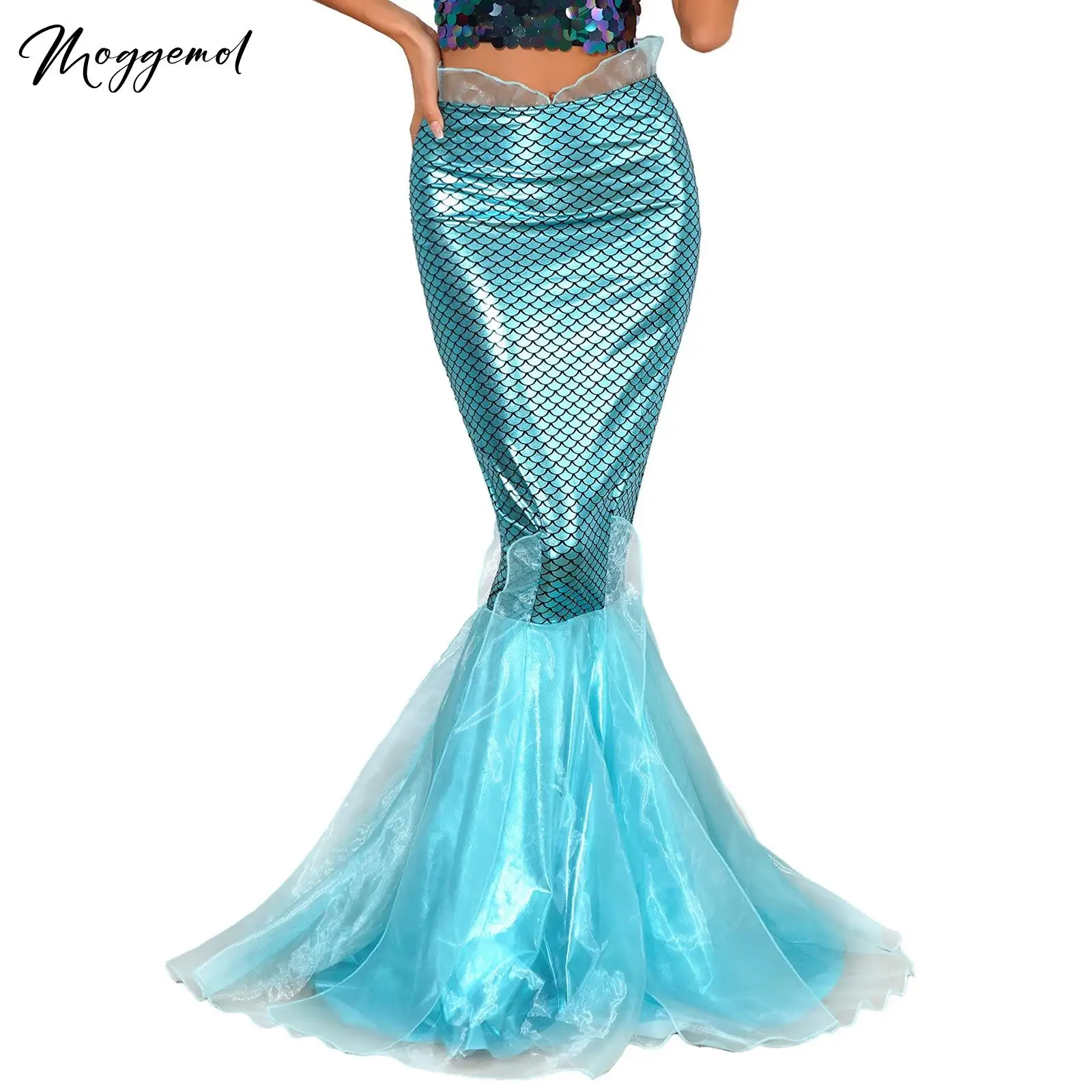 

Womens Mermaid Maxi Skirt Costumes Cascading Tulle Fish Scale Print Shiny Fishtail Skirt Princess Cosplay Party Fancy Dress-Up