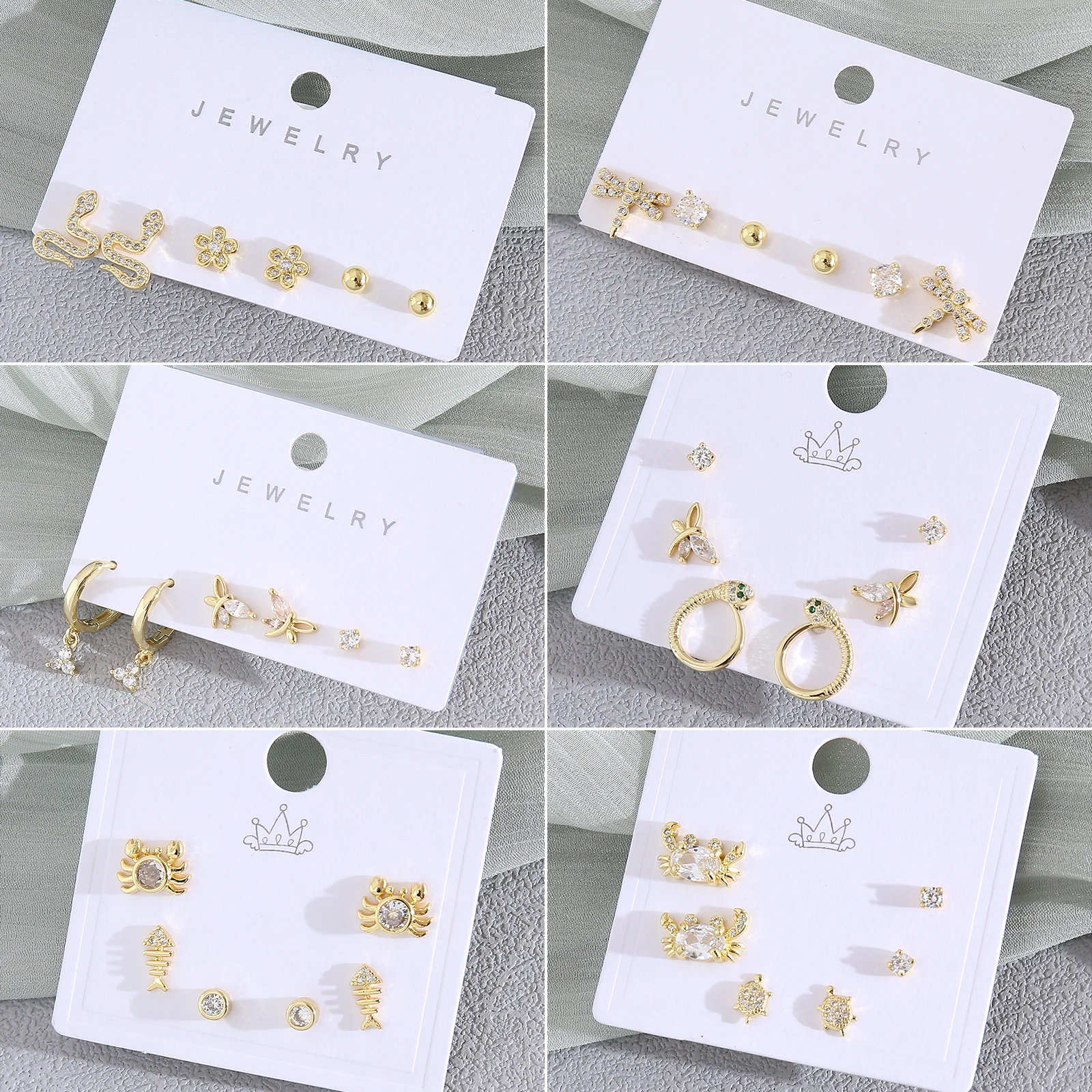 MHS.SUN 3 Pairs Cute Zircon Insect Animal Series Stud Earrings for Women Cat Owl Bear Snake Butterfly Ear Piercing Jewelry Sets