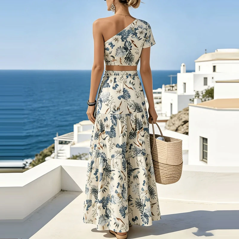 

Fashion Hollow Out Beach Vacation 2 Piece Sets Elegant Lady Half Skirts Set Slash Collar Sleeveless Printed Crop Tops&Skirts Set