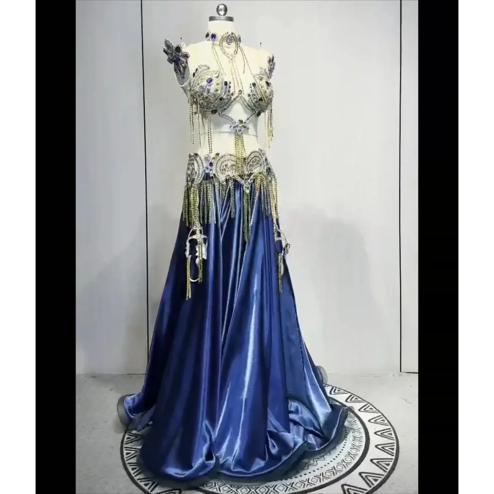 BellyDance Suit Embroidery Diamond Bra Split Fishtail Skirt Performance Set Custom Adult Child Competition Clothing Accessories