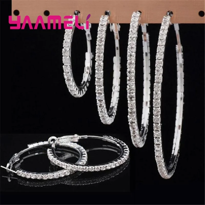 4 pary Mix moda kobiety obręcz kolczyki 925 srebro Austrian kryształ sześcienny cyrkon okrągłe do ucha Brinco Pendientes 30-80mm