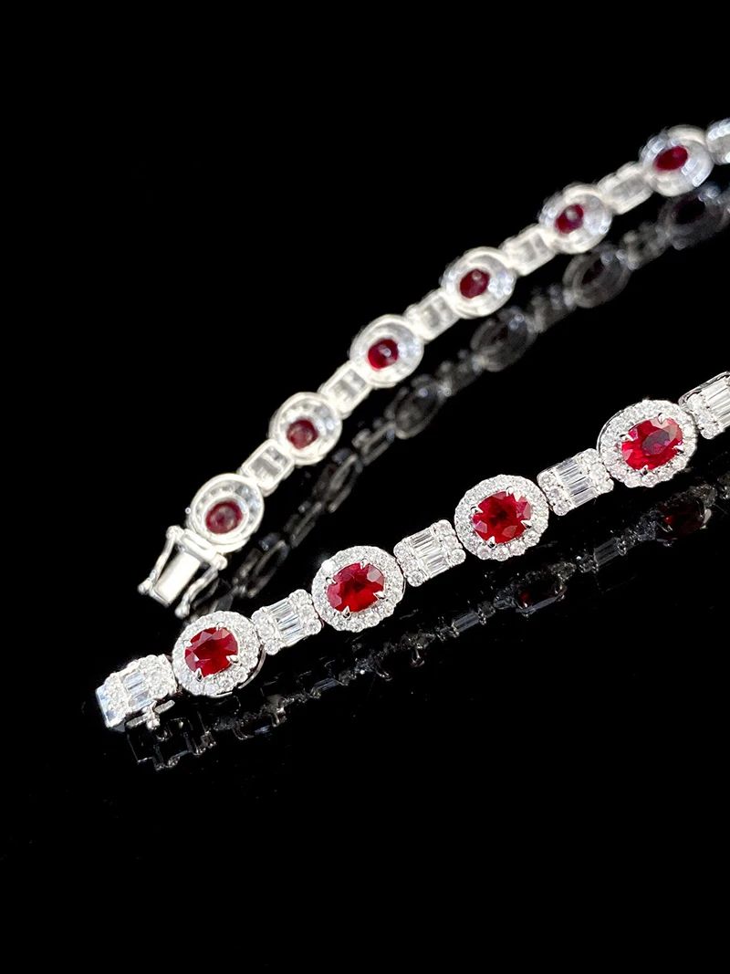KUGG 100% 18K White Gold Bracelet Luxury Elegant Style Shiny Diamond Natural Ruby Gemstone Bracelet for Women Senior Banquet