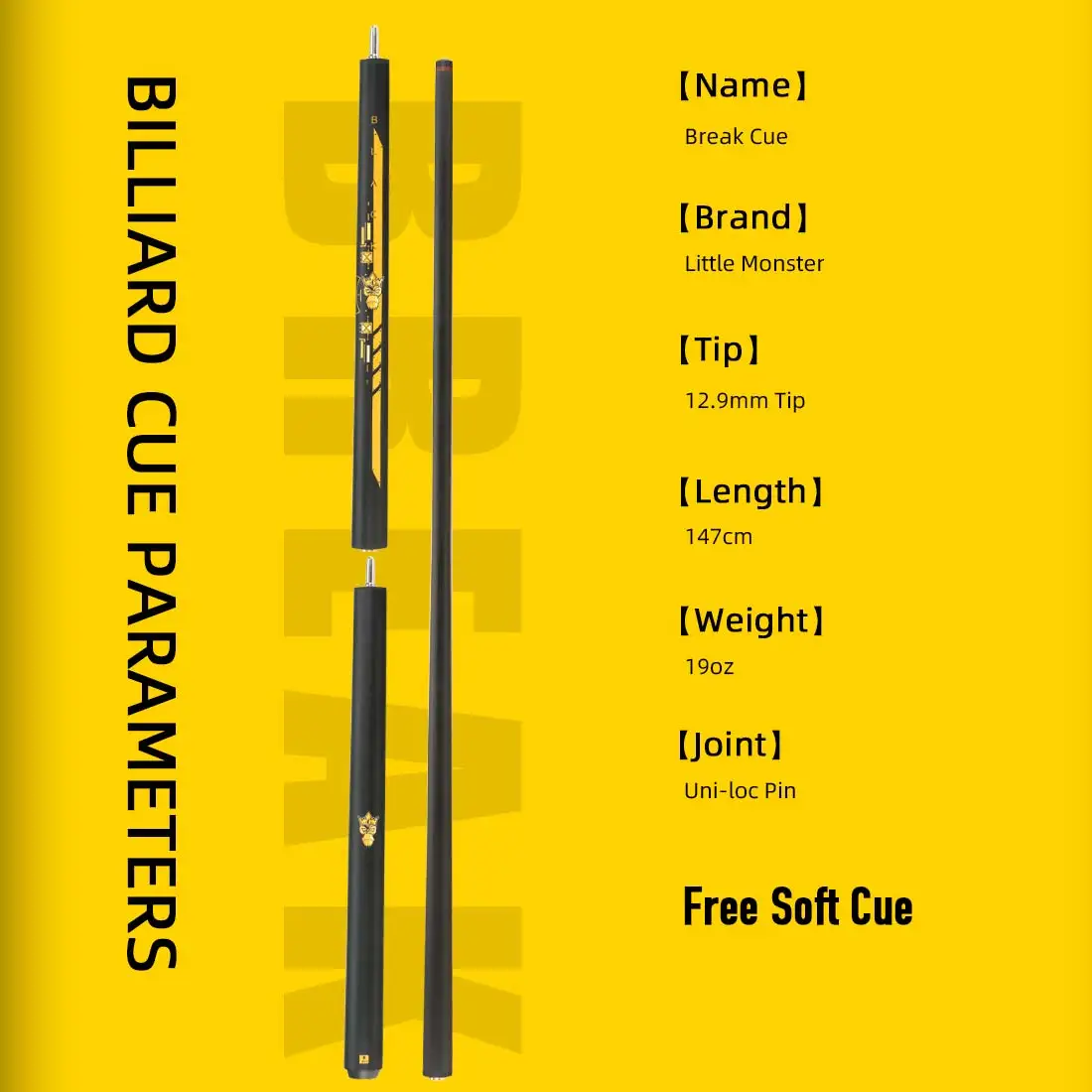 Little Monster-Punch Jump Cue with Leather Bag, 147cm, 12.9mm, 3 Pieces Carbon Fiber Break Jump Cue