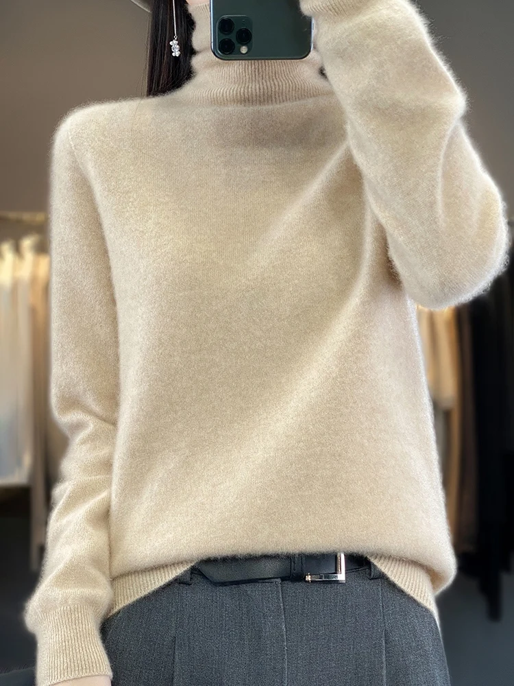 Women's Turtleneck Long Sleeve Cashmere Pullover 100% Merino Wool Sweater Basic Clothing Autumn Winter Knitwear Comfort Tops