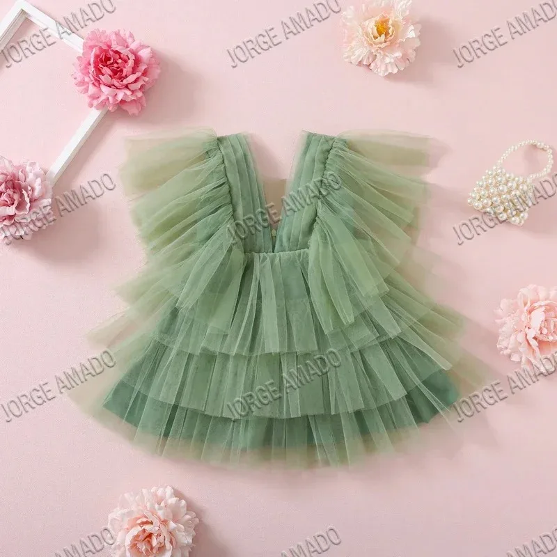 Summer Girl Party Dress V-neck Short Flare Sleeves 3-layer Yarn Knee Length Princess Dresses Formal Clothes E0408