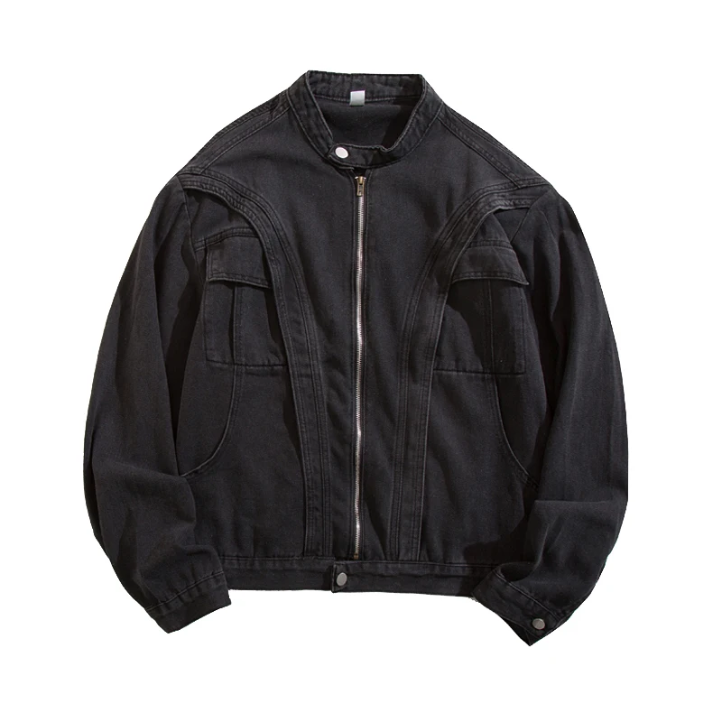 Veste en jean déstructurée patchwork style américain pour homme, tendance streetwear, avec épaulettes épaisses