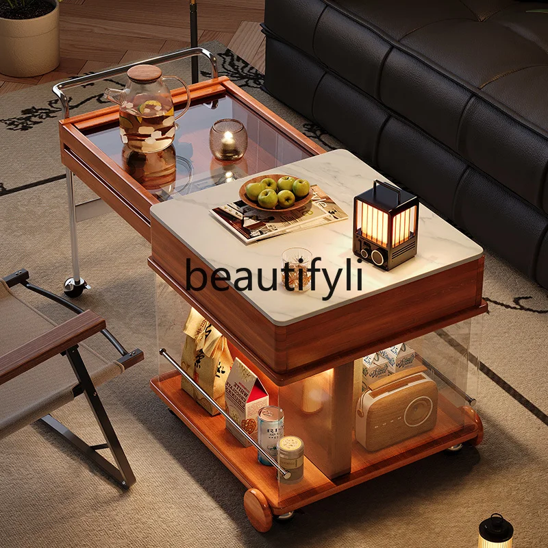 

Medieval retro retractable removable coffee table, rock slab multi-functional side table trolley