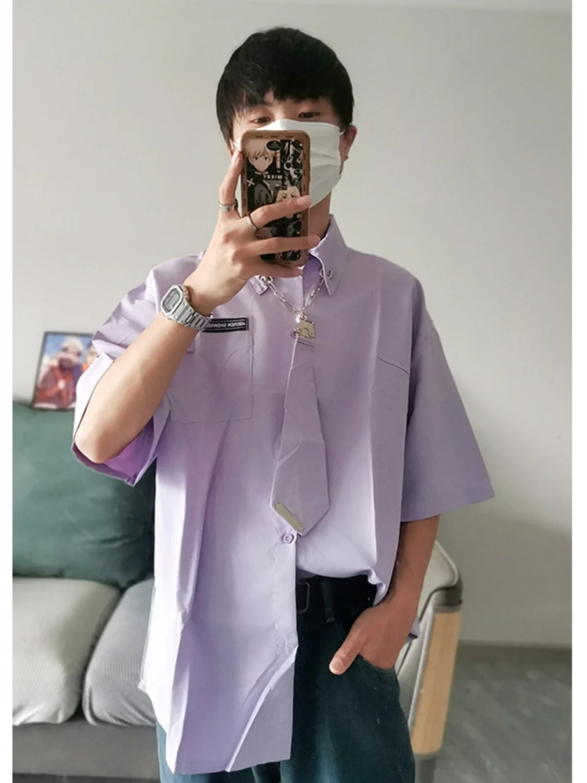 College Style Purple Short Sleeve Men's Shirt Summer Korean Version Teenage Sun Protection Half Length Cooling Feeling Shirt