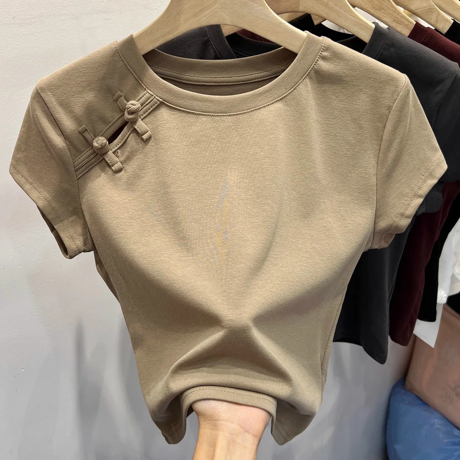 

Chinese Style Summer T-shirts Women Crop Tops O-neck Gentle Buttons Soft Irregular Designed Short-sleeve Chic Pure College Retro