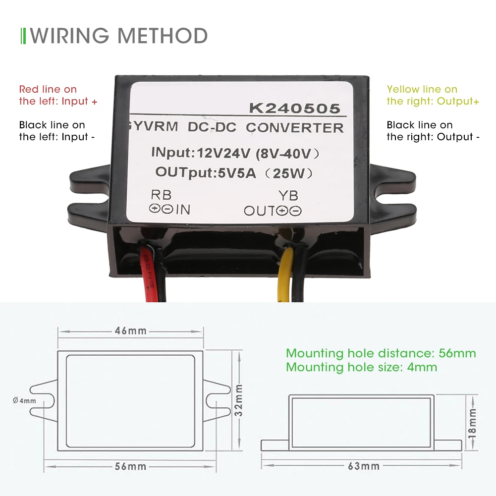 12V/24V to 5V 5A DC-DC Buck Converter Step Down Power Supply Module