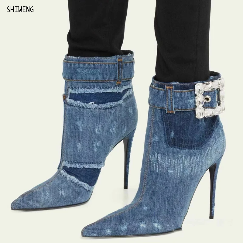 2224 Denim Jeans Whiskers Fringe Ankle Boots Women Plus Size Blue Block High Heels Zipper Mid Calf Boots Female Shoes