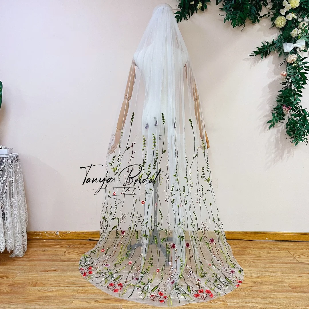 Fairy Garden Bride Embroidered Tulle Bridal Veil Multicolor Wild Flower Branch Train Long Wedding Headpiece