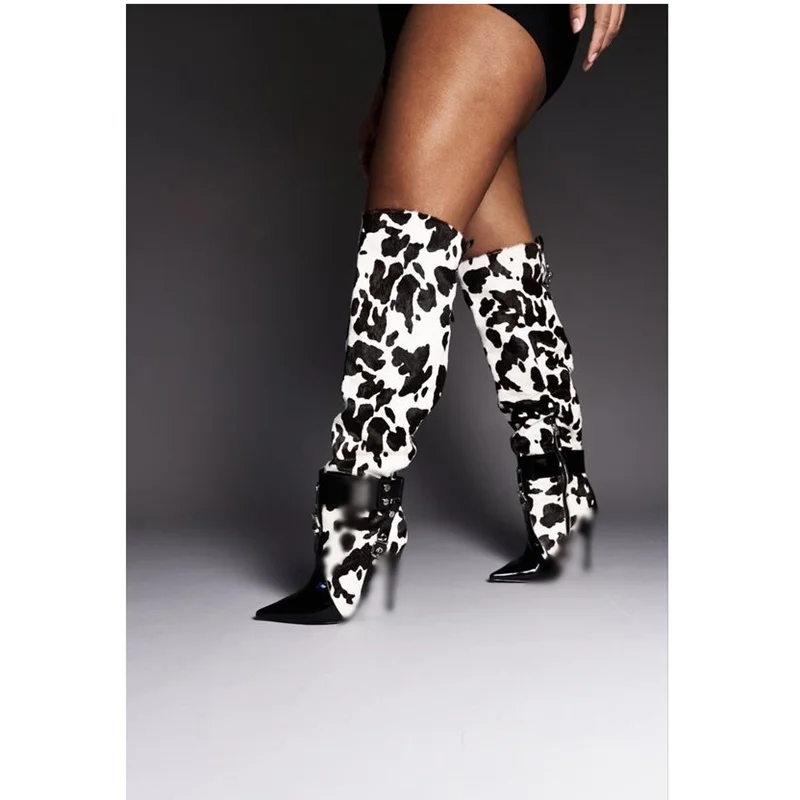 Cow Pattern Patchwork Boots Thin High Heel Pointed Toe Cool Sexy Fashion Winter Casual Big Size Woman Shoes Zapatillas Mujer