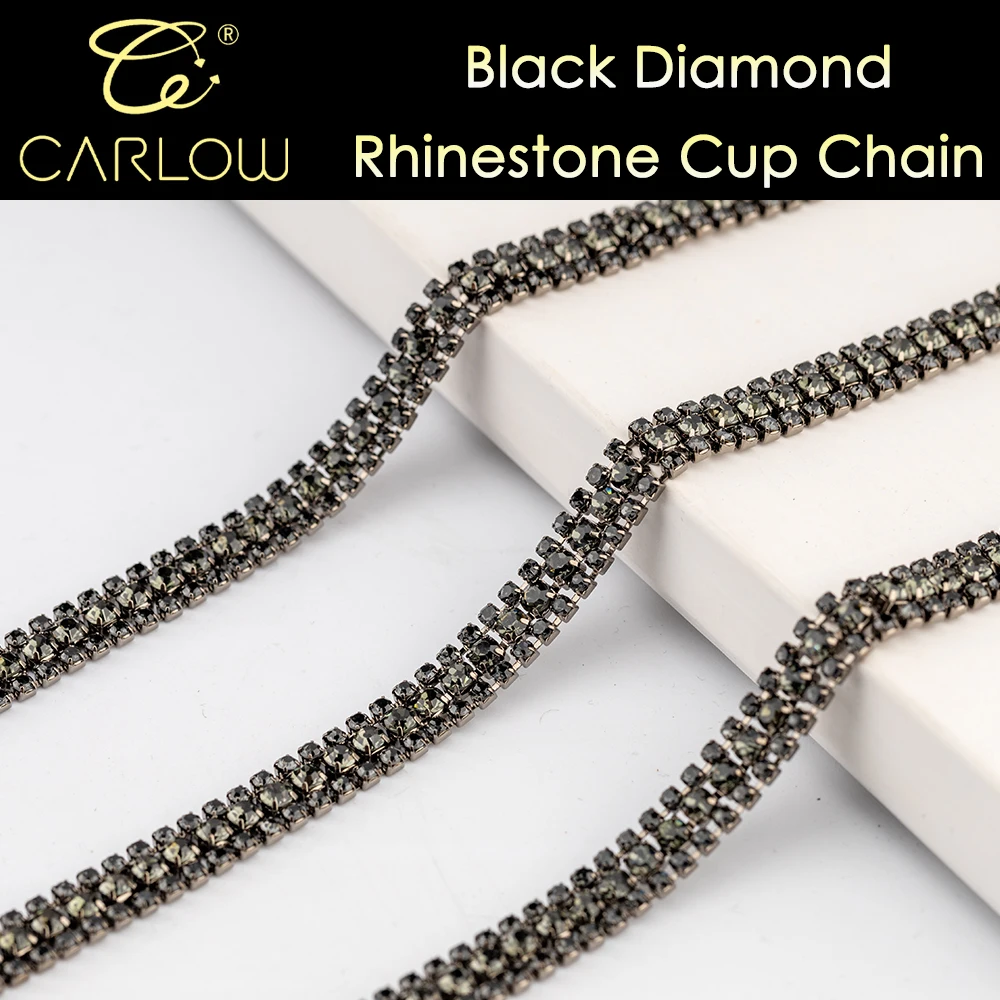 CARLOW Shiny 3 Rows Black Diamond Color Flat Back Sew on Rhinestones Chain 5 Yards Fashion Clothes Accessories 019