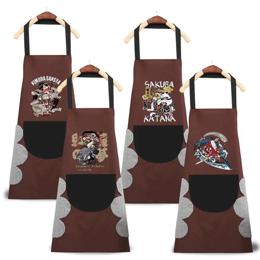 

Apron Waterproof Oilproof Can Wipe Hands Kitchen Work Clothes Home Cooking Cleaning Print Samurai Pattern Universal Sleeveless