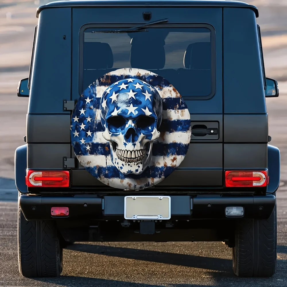 Blue Stripe Star Skull Spare Tire Cover 100% Polyester Universal for Jeep SUV Trailer Truck