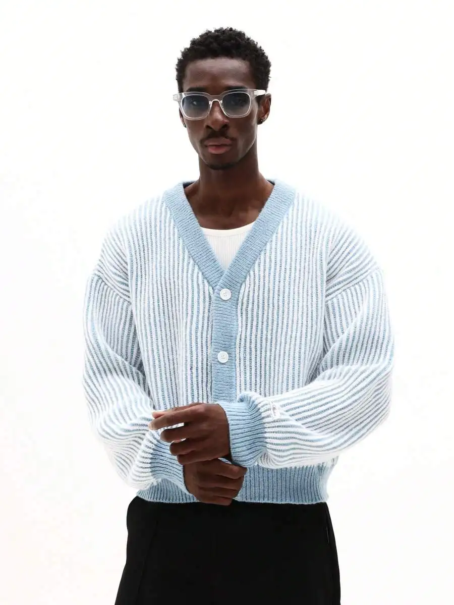 

Ribbed Knit Cardigan With Button Front Closure Contrast Trim Regular Fit