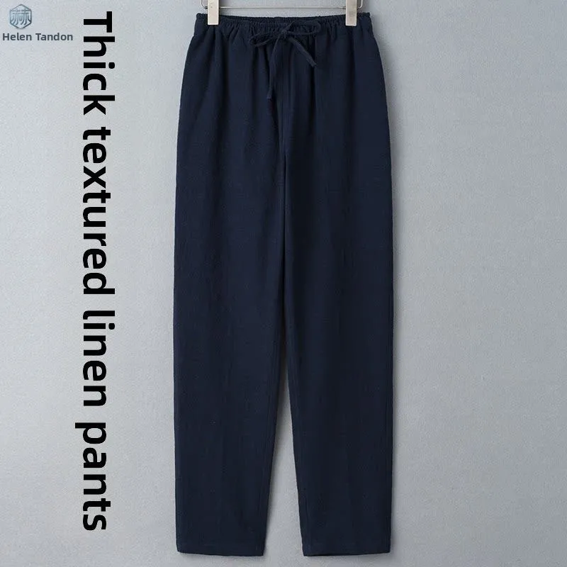 

Men's Linen Straight Leg mid High Waist Loose Outerwear Casual Color Long Pants Thick Permeable Quality Linen Long Trou...
