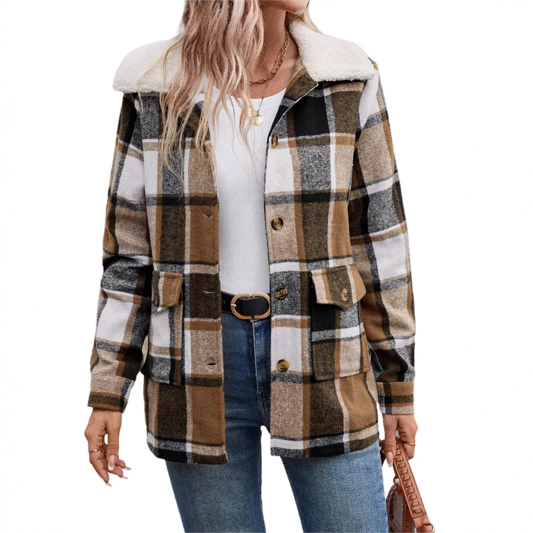 

Autumn Winter Vintage Style Flannel Collar Plaid Coat For Women