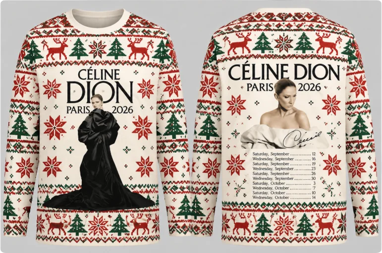 Celine Dion 2026 Tour Christmas Ugly Sweater Christmas Tree reindeer print long sleeved top